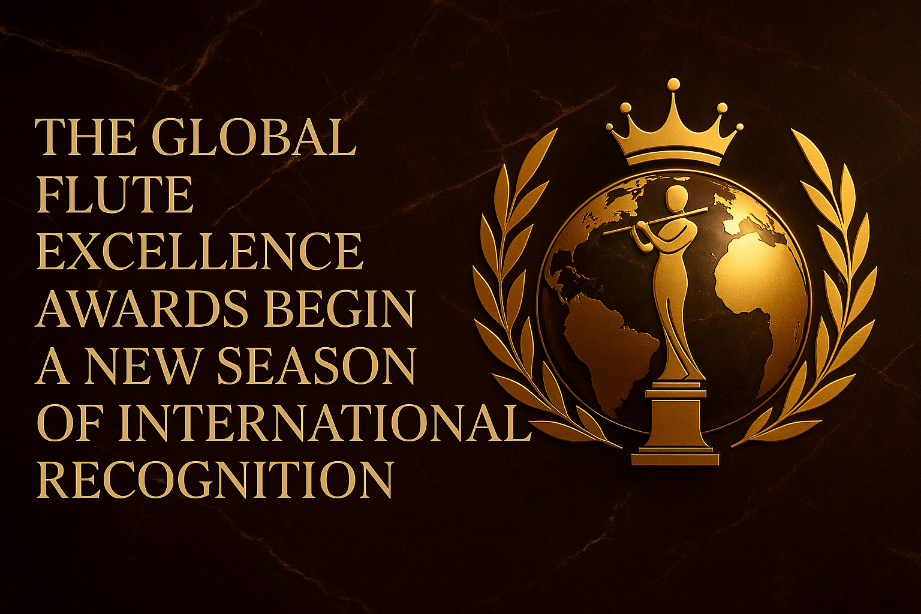 Luxurious bronze-and-gold globe with the Global Flute Excellence Awards logo reflected on its surface, symbolizing worldwide flute recognition.