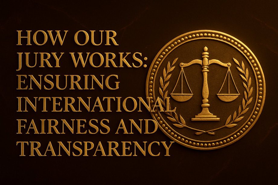 Luxurious gold-embossed graphic illustrating the Global Flute Excellence Awards jury process and international fairness.