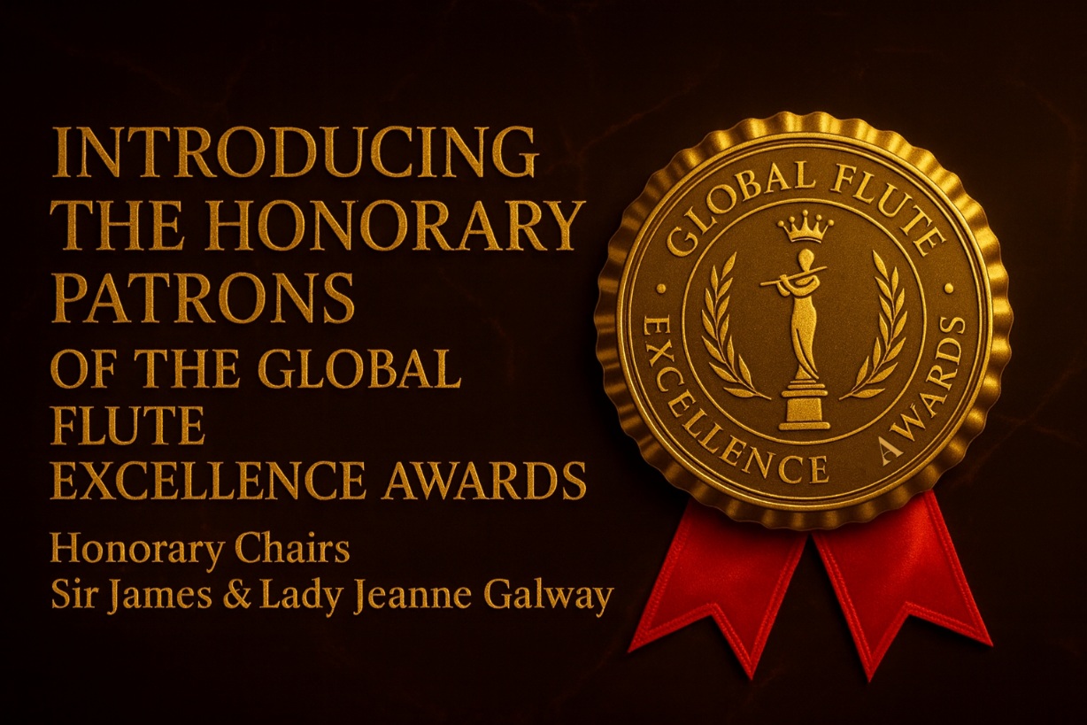 Gold embossed announcement introducing the Honorary Patrons of the Global Flute Excellence Awards on dark marble background.