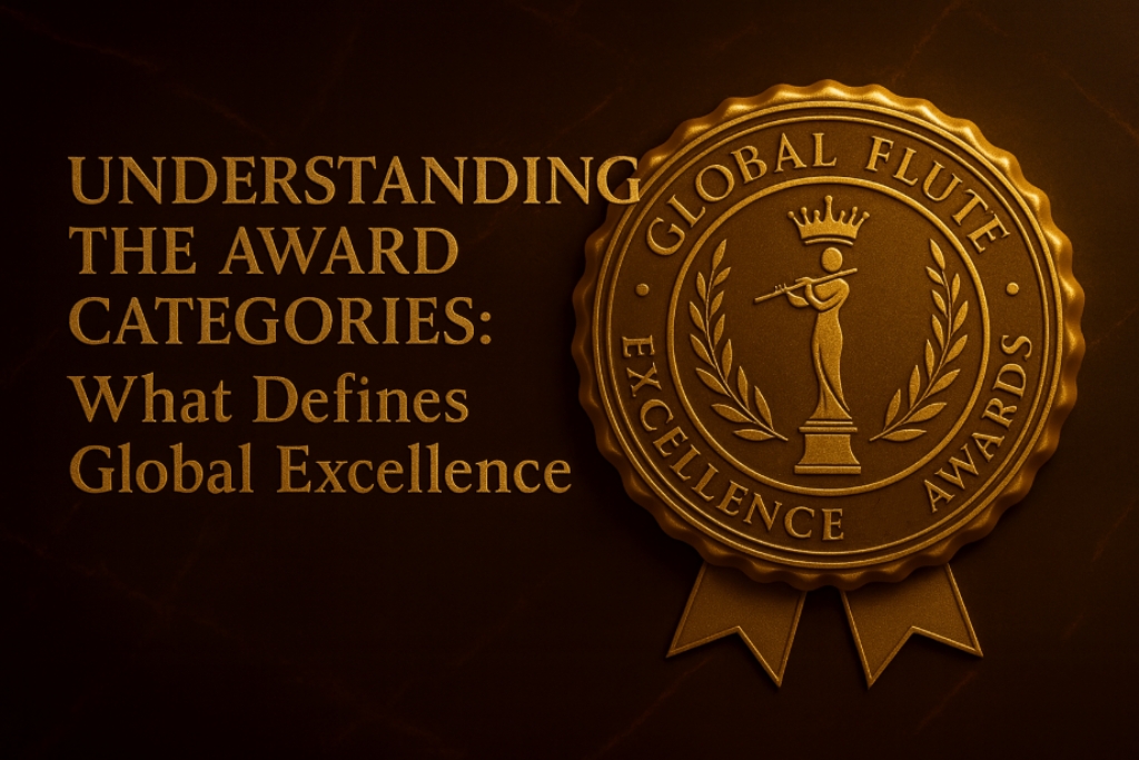 Gold embossed title and medallion representing the Global Flute Excellence Awards categories on a dark marble background