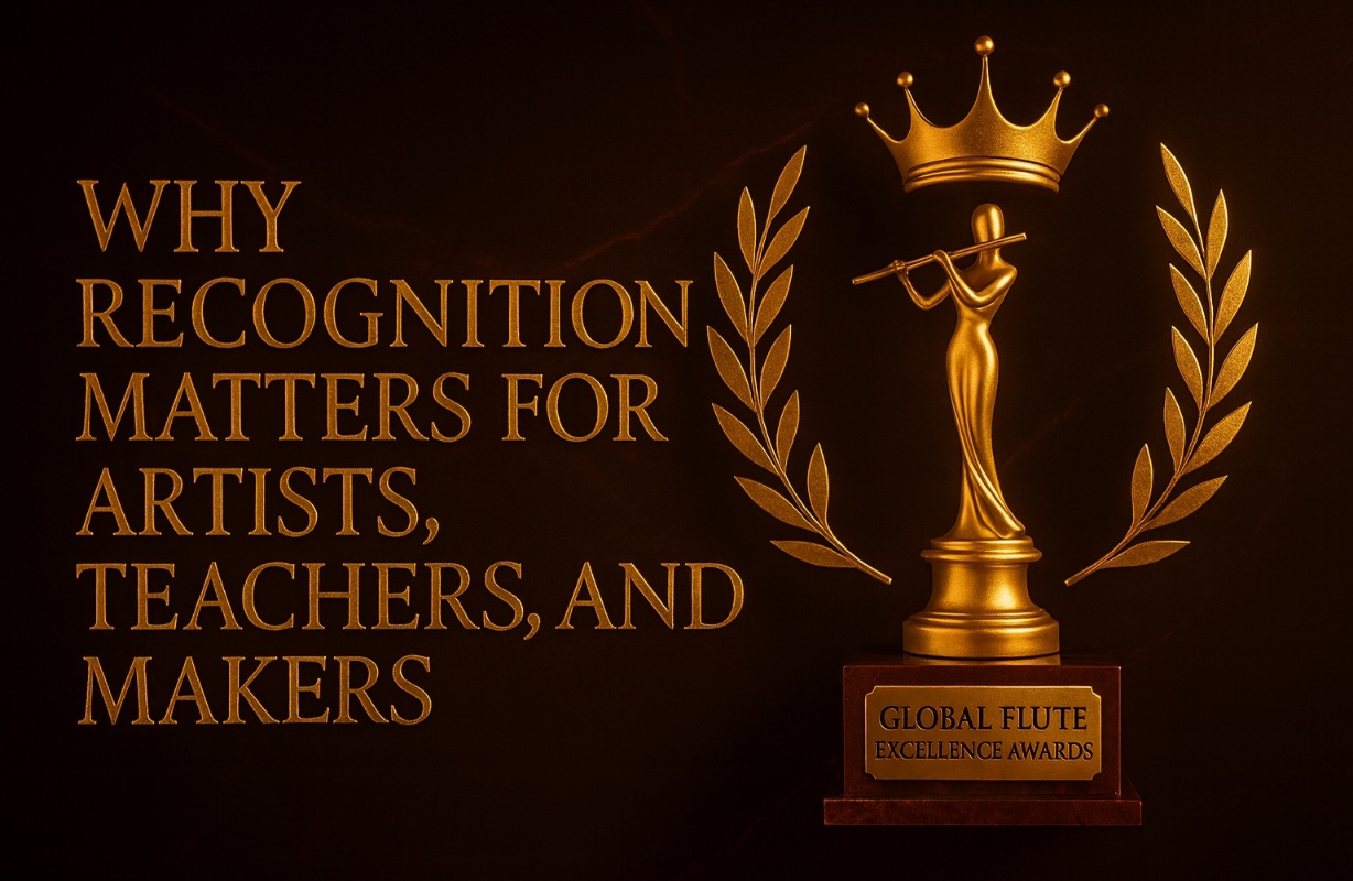 Golden trophy of the Global Flute Excellence Awards symbolizing artistic achievement and international recognition.