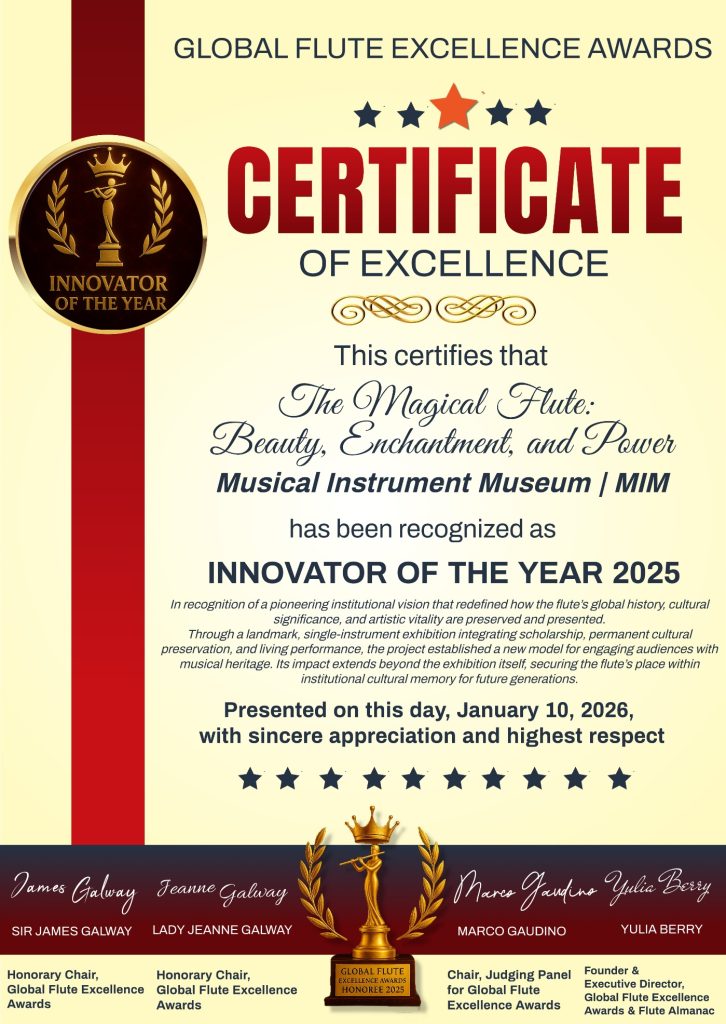 Innovator of the Year 2025 certificate awarded to the Musical Instrument Museum